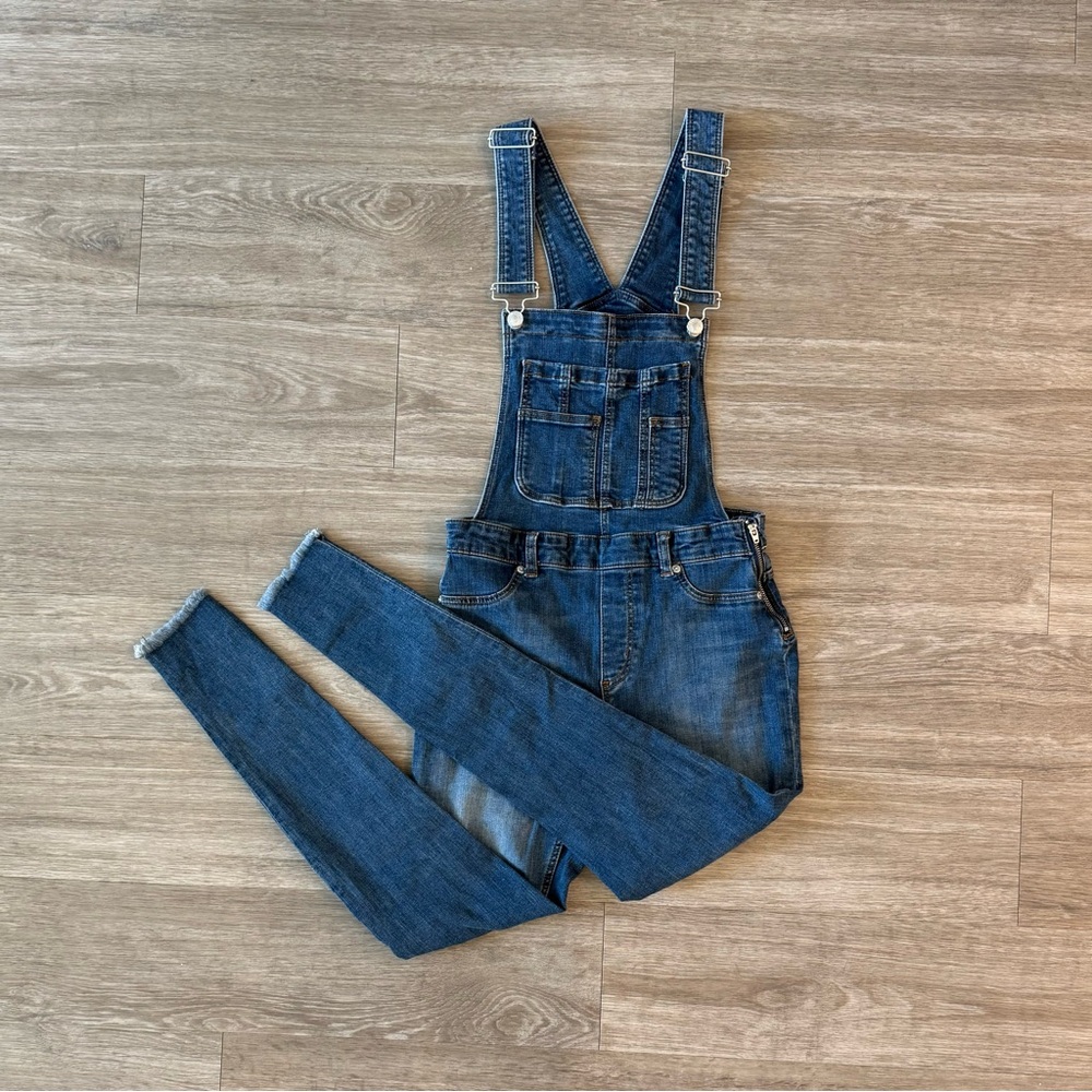 Free People Skinny Denim Overalls Side Zip Stretch Raw Hem, Size 26